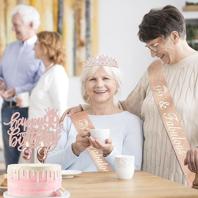 99th Birthday Decorations for Women Including Birthday Sash and Tiara, Candles and Cake Topper, Gifts for 99 Year Old Woman, Rose Gold Party Decor Supplies