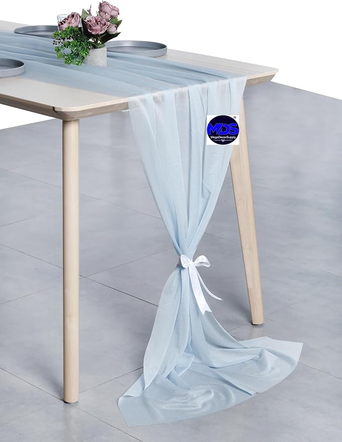 MDS 20 Pack 10ft Chiffon Table Runner 29 x 120 Inches Sheer Wedding Runner Romantic Rustic Table Runner for Wedding Decorations, Birthday Parties, Bridal Shower Party Arch Decor - Baby Blue
