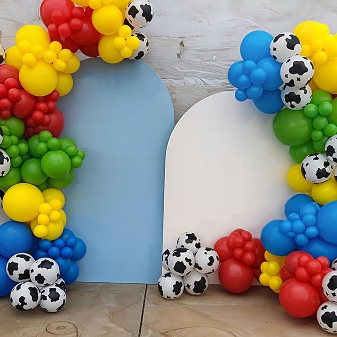 Red Blue Yellow Balloons, 12 Inch Cow Pattern Cloud Light Blue Yellow Red Fruit Green Balloons with Star Foil Balloon for Boys Girls Baby Shower Party Birthday Decorations