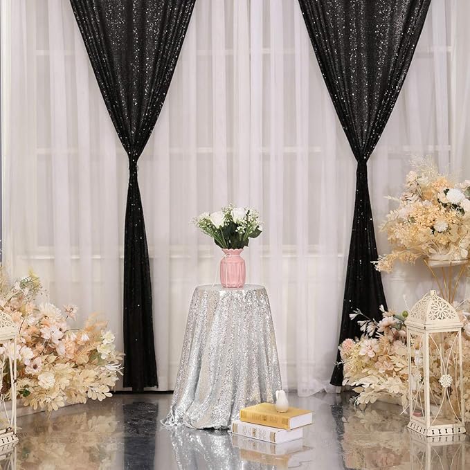 Poise3EHome 2Pcs 3Ft x 8Ft Black Sequin Backdrop Curtain, Glitter Photography Background, Sequence Xmas Thanksgiving Backdrop for Wedding Party Holiday Festival Decor