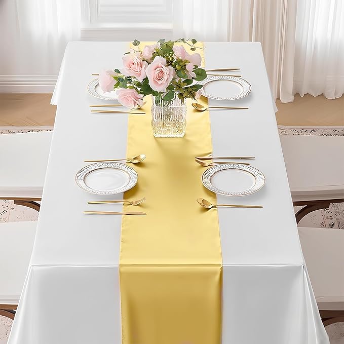 SHEJIZE 2 Pack Light Gold Satin Table Runner 12x108 Inches Long, Bright Silky Smooth Satin Table Runner Table Decor for Wedding Banquet Christmas Prom Event Birthday Party