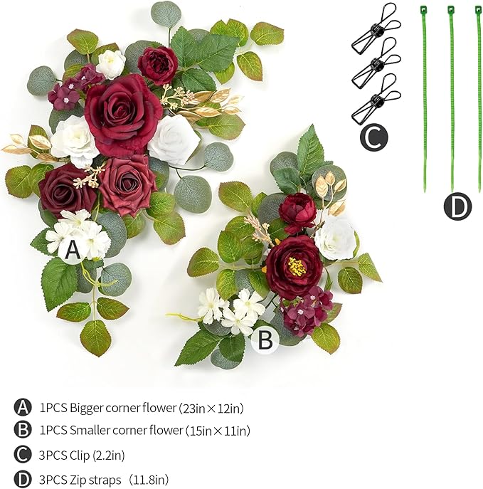 WEIERYUE(Pack of 2 Artificial Flowers Decorations,Artificial Arch Backdrop Garlandfor Ceremony Party Reception Entrance Welcome Easel Door Floral Decor Wall Home Entryway Outdoor(Wine red)