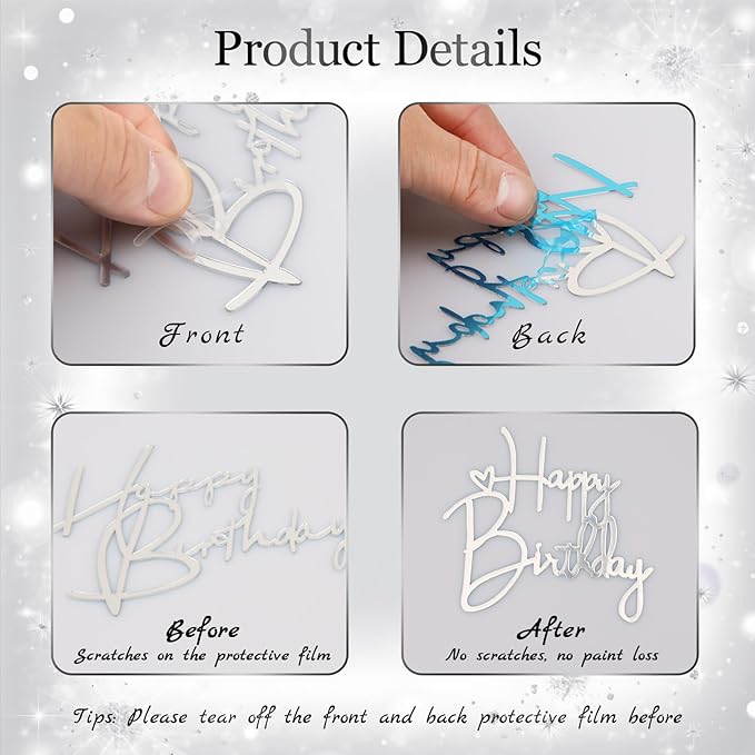10 PCS Silver Happy Birthday Cake Topper Mirror Acrylic Cake Toppers Double-Sided Glitter Birthday Decorations for Girls Women's Party Supplies