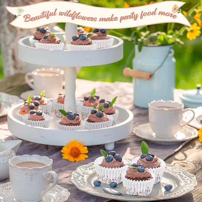 600 Count Elegant Wildflower Cupcake Liners for Baby Showers, Weddings, Spring Birthday Parties - Floral Rustic Theme Party Decorations Supplies