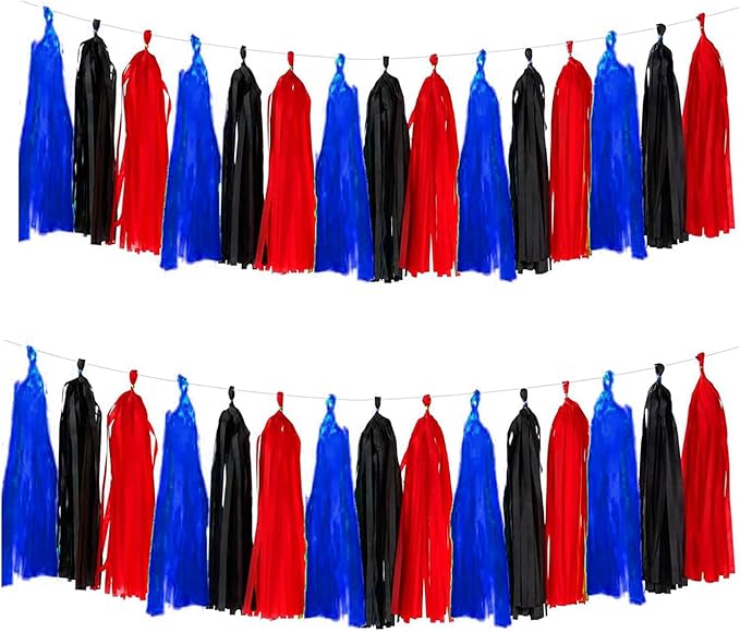 Red Blue and Black Tassel Garland Banner Paper Tassels for Birthday Party Decorations,Pack of 15