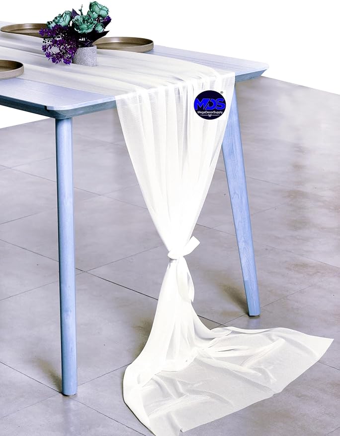 MDS 5 Pack 10ft Chiffon Table Runner 29 x 120 Inches Sheer Wedding Runner Romantic Rustic Table Runner for Wedding Decorations, Birthday Parties, Bridal Shower Party Arch Decor - Ivory