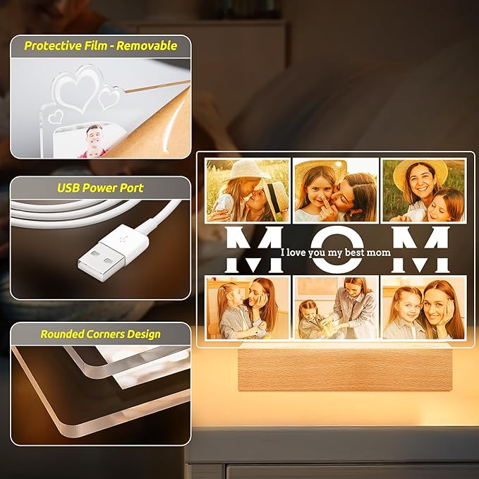 Personalized Birthday Gifts for Mom from Daughter Son, Custom Collage Picture Frames with Photos, Customized MOM Photo Frame with Night Light, Personalized Gifts for Mom Kids Baby Family