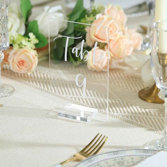 UNIQOOO Acrylic Wedding Table Numbers 1-10 with Stands | 4x6 inch Printed Calligraphy, Clear Table Number Signs and Holders | Perfect for Wedding Reception, Centerpiece Decoration, Event, Party