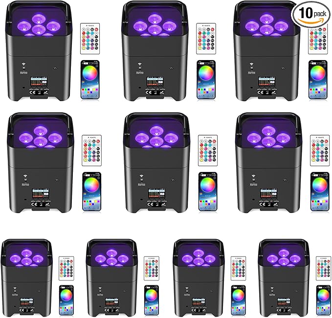 9600mAh Wireless Uplights, 6x18W RGBWA UV Stage Lights, APP/DMX512 Controlled Par Lights, Rechargeable Battery Powered Uplights for Show, Party, Festival, Event, Black, 10 Pack
