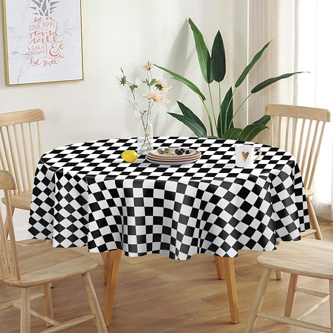 QIKSION Black and White Gingham Round Tablecloth 6 Pack, 84 Inch Plastic Checkered Table Cover Disposable for Parties