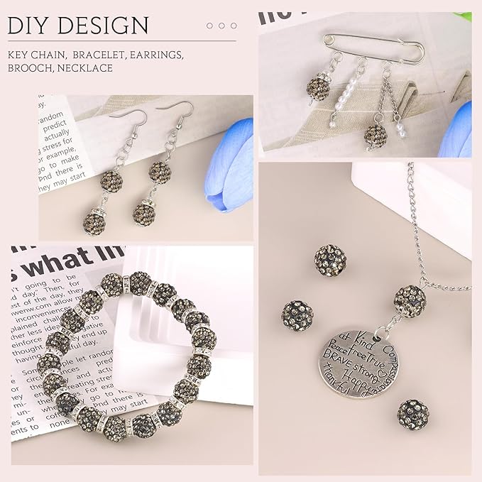 150pcs 10mm Rhinestone Beads for Jewelry Making, Gray Shiny Round Shamballa Disco Ball Beads Bulk, Sparkle Crystal Clay Christmas for Bracelet Baseball Necklace Earring Crafting and DIY