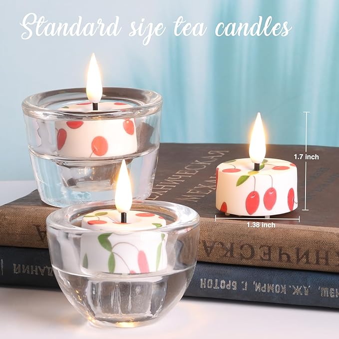 Eywamage Cherry Flameless Tealights with Remote Batteries, Flickering Plastic LED Tea Votive Candles Set of 12