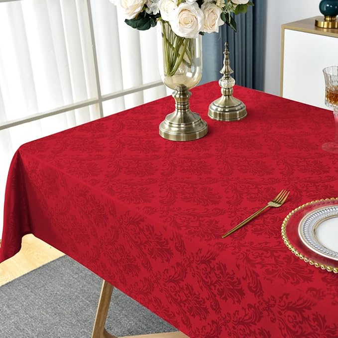 SASTYBALE Rectangle Jacquard Tablecloth, Damask Table Cloth SpillProof Wrinkle Resistant Tablecloths, Soft Polyester Oblong Table Cover for Kitchen, Dinner, Parties (Red, 60X120)