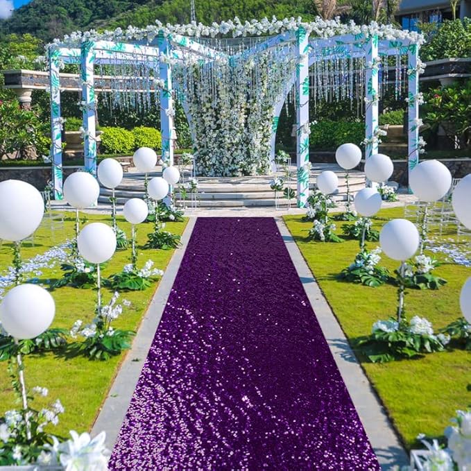 ShinyBeauty Sequin Aisle Runner Purple Glitter Carpet for Wedding & Party ， Sparkling Decorative Floor Mat ， Elegant Event Walkway （15ft x 2ft，Purple）