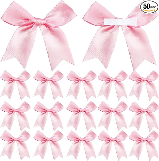 50 Pieces Gift Wrap Bows Premium Satin Ribbon Bows 3.3 Inch Craft Bows for Gift Wrapping DIY Treat Bags Holiday Gifts Bag Party Decorations, Wedding Decor Christmas Birthday Presents (Light Pink)