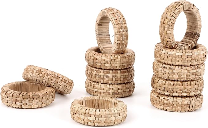 Handcrafted Napkin Ring Set of 12, Unique Cane & Plastic Design, Elegant Tableware, Premium Quality Napkin Ring, Perfect for Dinner Parties, Wedding Decor, Holiday Gatherings (Brown) - CLEENTABLE