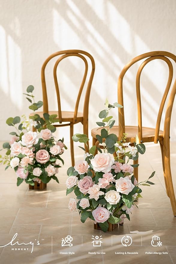 Ling's Moment 17.5" Tall Standing Artificial Flowers Arrangements 4 pcs Wedding Aisle Runner Chair Decorations Blush & Pink Centerpieces for Ceremony Reception Rose Floral Party Outdoor