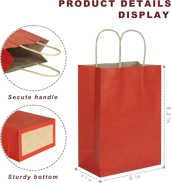 25 PCS Small Dark Red Gift Bags Kraft Paper Bags with Handles for Party Favor (8.2 x 6 x 3.1 in)
