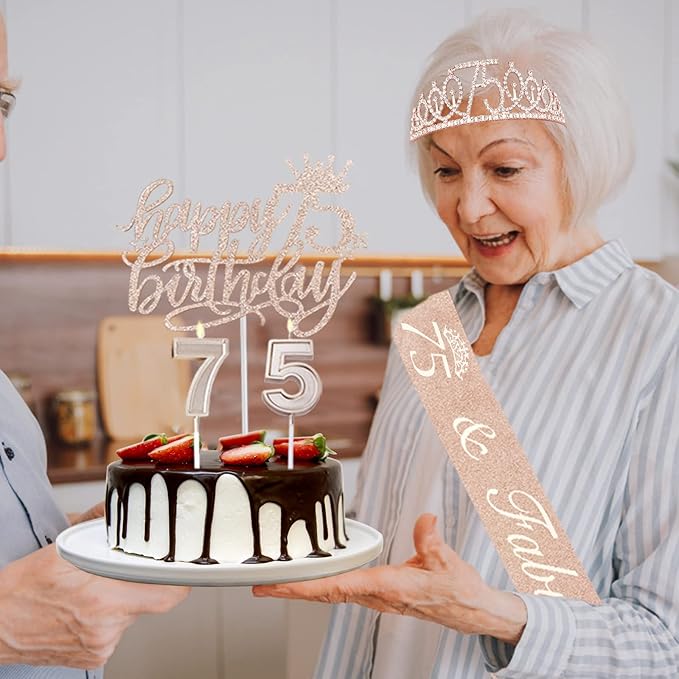 75th Birthday Decorations for Women Including Sash, Crown/Tiara, Candles and Cake Topper, Rose Gold 75 Birthday Gifts Party Favor Supplies