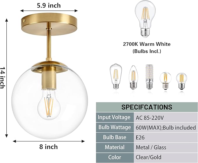Globe Semi Flush Mount Ceiling Light, Clear Glass with Brass Finish, Contemporary Mid Century Modern Style Lighting Fixture Gold(12W 2700K LED Corn Bulb Included)