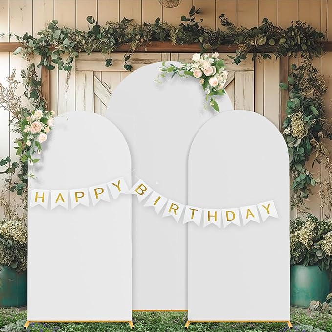 Arch Backdrop Stand Set with Cover,(7.2ft,6ft x 2) Arched Frame Stand & Spandex Wedding Arch Cover & Storage Bag (White, 7.2Ft+6Ft+6Ft)