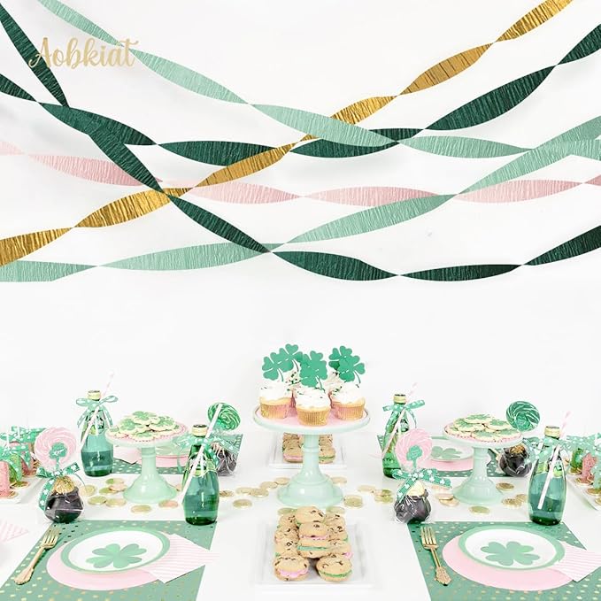 AOBKIAT Wedding Decor Sage Pink Gold Crepe Paper 8 pcs Streamers Party Decorations for Wedding,Rustic Bachelorette,Birthday,Bridal/Baby Shower,Anniversary Party Backdrop Decoration