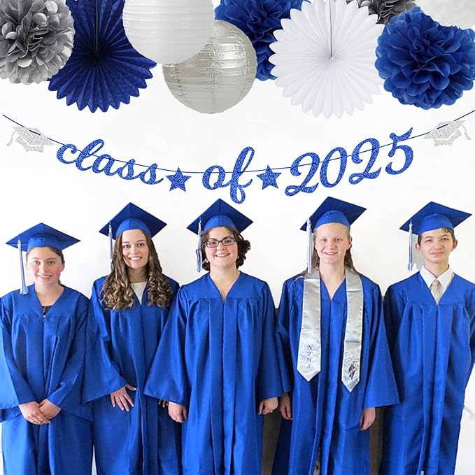 2025 Blue Class-Congratulations Prom Graduation Party-Decorations - 22pcs High School College Grad Supplies Decor,Royal Navy White Silver Tissue Pom Poms Streamers, Paper Flowers Lanterns Hugmoon