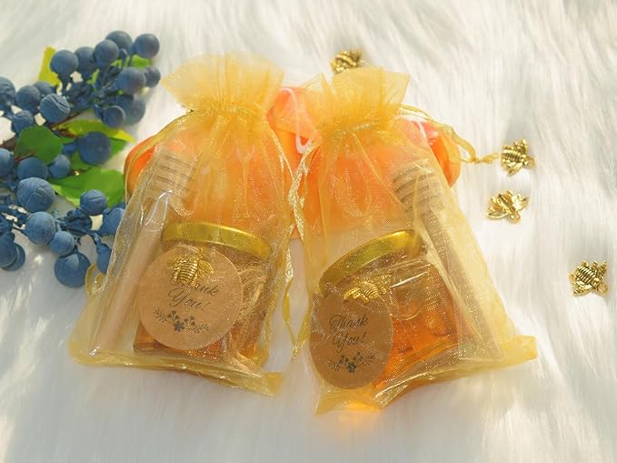 IIKUM 20 Pack Glass Honey Jars, 1.5 oz Hexagon Honey Pots with Lids, Wooden Dippers, Bee Pendants, Gift Bags, Thank You Cards, Jutes and Stickers-Ideal Gift for Baby Shower, Wedding and Party Favors