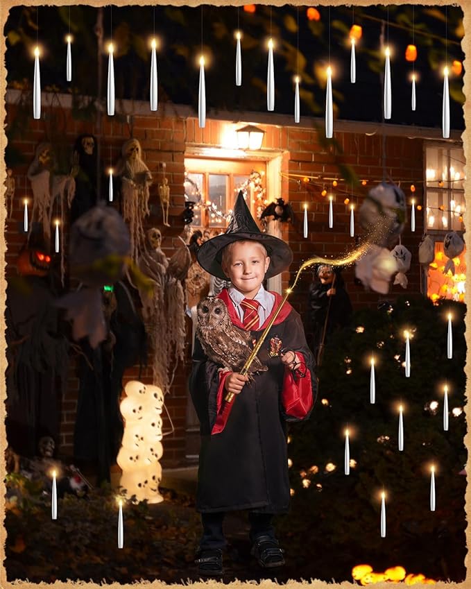 Floating Candles with Wand - 12 Pack Halloween Decorations Magic Flameless Candles Flickering Warm Light LED Hanging Candle Remote, Battery Operated Candles for Christmas Outdoor Indoor Party Decor