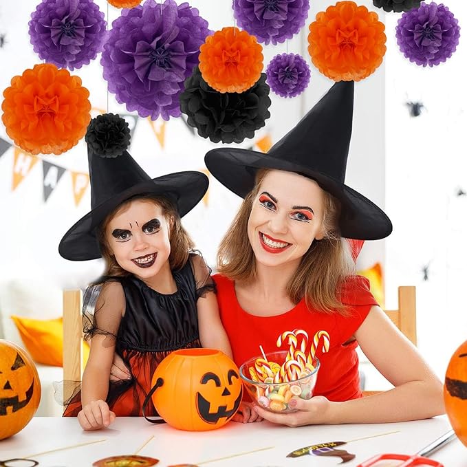 Tissue Paper Pom Poms, Black Orange Purple Tissue Paper Flowers, Hanging Flower Balls for Weddings Fiesta Parties Birthday Baby Showers Classroom Bridal Shower Decoration (18Piece Set-6/10/12/14Inch)