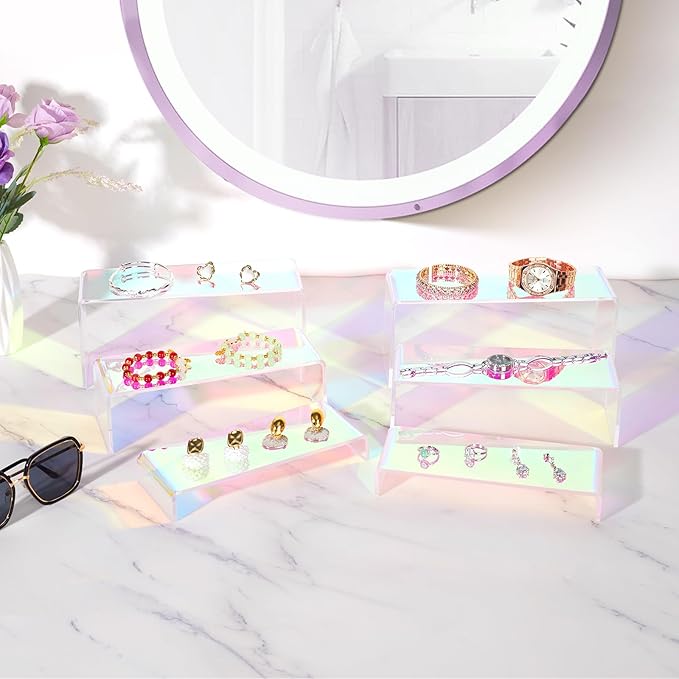 Iridescent Acrylic Display Risers, 6pcs Rainbow Display Stand Rectangular Stands Showcase Transparent Display Shelf for Dessert Cupcake Collectibles Figures Jewelry Perfume