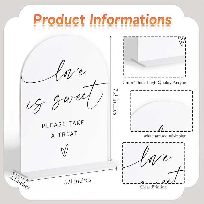 Love Is Sweet Sign for Dessert Table, White Arch Acrylic Wedding Sign, Wedding Reception Decorations, Bridal Shower Decor, Engagement Decor, Centerpiece Table Decorations Party for Bride and Groom-1