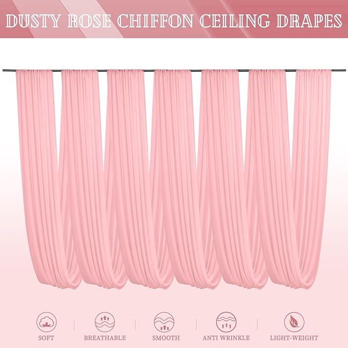 6 Panels Dusty Rose Ceiling Drapes for Wedding 5ftx20ft Chiffon Fabric Arch Draping Curtains Sheer Drapery for Party Ceremony Birthday Baby Shower Reception Stage Swag Ceiling Decorations