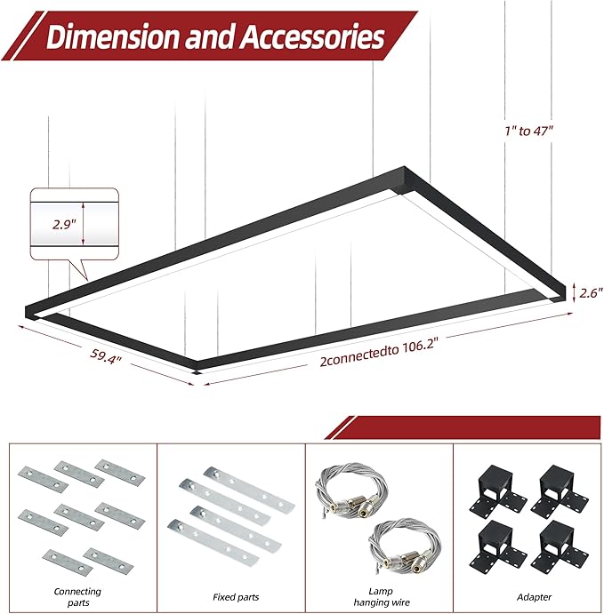8FT x 4FT LED Linear Light Rectangular Set with Remote Control, 50W Seamless Connection, 3000K to 6000K Color Changing, Commercial Hanging LED Shop Light Fixtures for Office Work Shop Garages