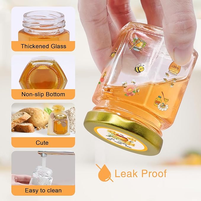 70 Pack 3 oz Mini Hexagon Glass Honey Jars with Dippers, Gold Lids, Bee Stickers, Bee Charms, Gift Bags & Jute– Empty Small Honey Jars for Party Favors Bulk, Ideal for Baby Showers ＆ Weddings