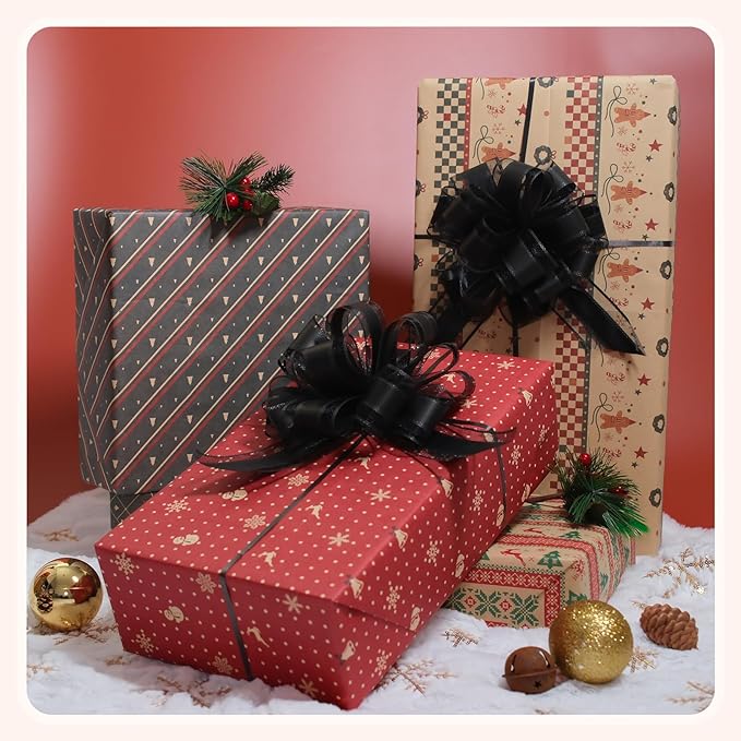 12 PCS 6 Inch Large Pull Organza Black Bows - Perfect for Gift Wrapping, Wedding Decor, Car Bows, Birthday Parties, Christmas and Valentine's Day