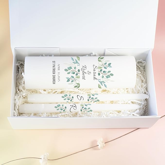 Unity Candles for Wedding, Modern Unity Set, Custom and Personalized Pillar and Taper Candles, Unscented White Premium Wax, Religious and Wedding Ceremony, Special Events (Olive)