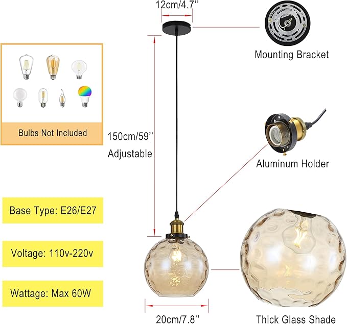 Pendant Light Shade Industrial Hanging Lights Fixtures Ceiling Outdoor Pendant Lighting for Kitchen Island Dining Room Unique Lamp in Kitchen Farmhouse Bedroom (Amber, 7.8 Inches)