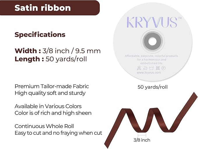 Coffee Brown Satin Ribbon 3/8 inch X Continuous 50 Yards, Single Face Polyester Ribbon Perfect for Gift Wrapping, Flower Bouquet, Wedding Decor, Crafts, Bow Making, Sewing and More
