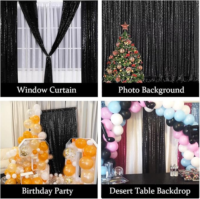 Black Sequin Photography Backdrop Curtains 2FTx8FT 2 Panels Sparkly Background Drapes for Parties