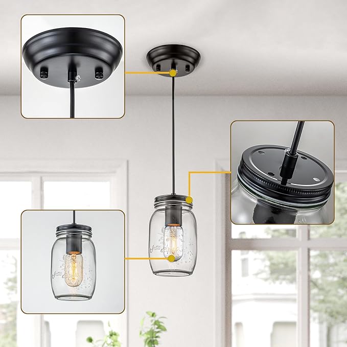 Kitchen Island Light, 1 Lights Adjustable Pendant Lighting, Glass Mason Jar Hanging Lamp(2 Pack)