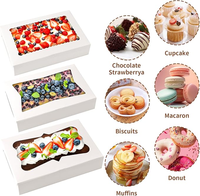 12pcs12x8x2.5 Inches Bakery Boxes,Cookie Boxes with 3Style for Window Bread,Treat，Chocolate,Strawberries,Dessert,Cakes,Donuts,Muffins,pastry