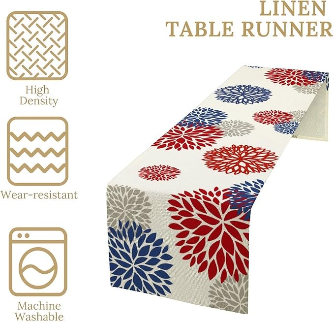 4th of July Table Runner, Blue Red Dahlia Flower American Patriotic Memorial Day Table Runner for Farmhouse Kitchen Dining Table Party Decor, 13x108inch