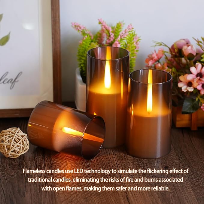 Flameless LED Candles, Upgraded Realistic Flickering Pillar Battery Operated Candles with Remote Timer, Acrylic Electric Set of 2 for Romantic Ambiance and Home Decoration(Grey)