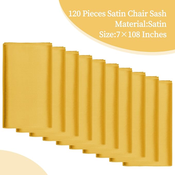 fani 120 PCS Gold Satin Chair Sashes Bows Universal Chair Cover for Wedding Reception Restaurant Event Decoration Banquet,Party,Hotel Event Decorations (7 x 108 inch)