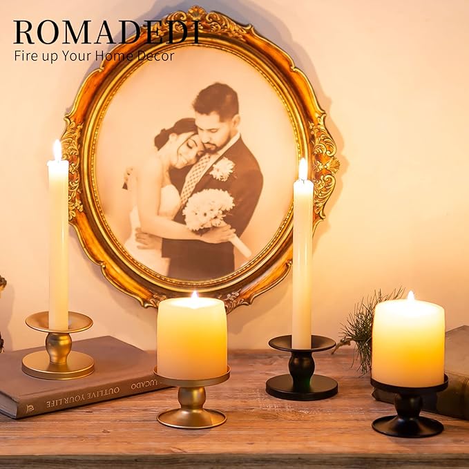 Candle Holders for Pillar Candles, Romadedi Gold Pillar & Taper Candle Holder, Small Metal Candle Stick Candle Holder for Wedding, Dining Room Table Centerpiece, Holiday Decor, 12 Pcs