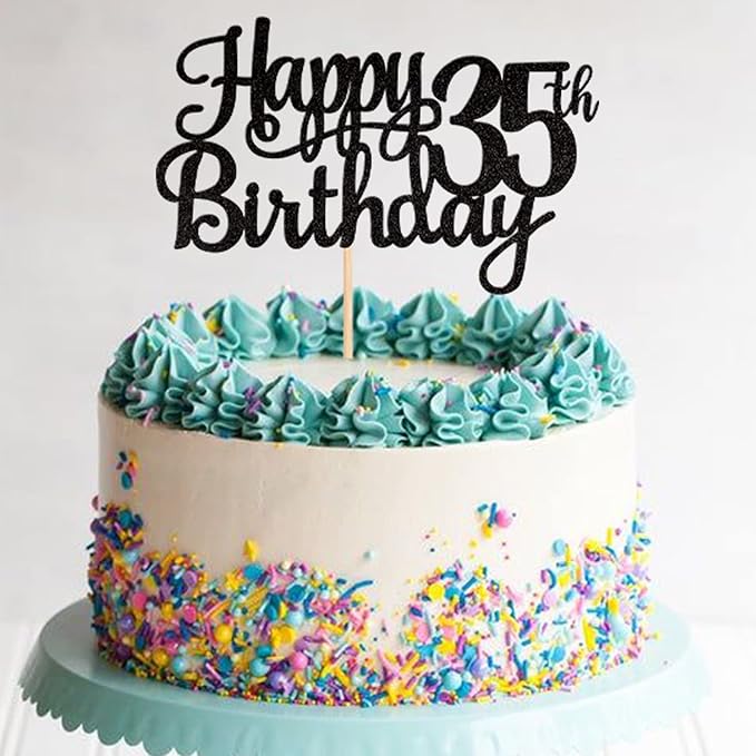 1 PCS Happy 35th Birthday Cake Topper Glitter Cheers to 35 Years Birthday Cake Pick 35 Fabulous Cake Decoration for Happy 35th Birthday Theme Party Decorations Supplies Black