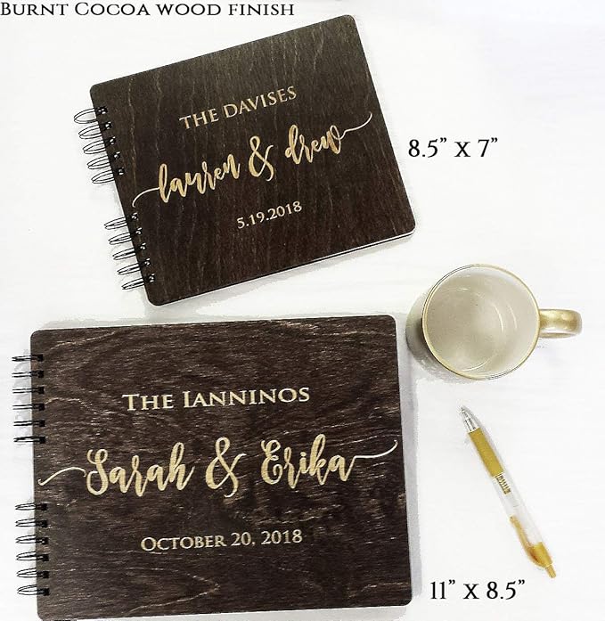 Wooden Wedding Guest Book (8.5"x 7" Mahogany Stain) Personalized Wood Rustic Charm Engraved for Bride and Groom Vintage Monogrammed Unique Anniversary Bridal Guest Registry Guestbook Made in USA