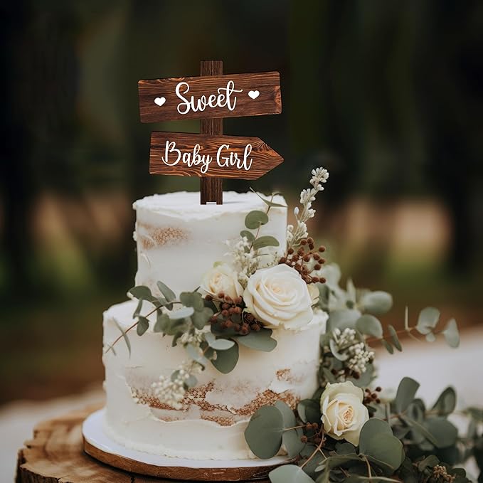 Rustic Sweet Baby Girl Cake Topper in Wood Baby Shower Gender Reveal Party Cake Decoration