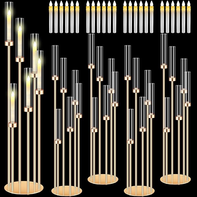 Tandefio 4 Sets Acrylic Candelabra Centerpieces 46.5'' Tall Clear Candle Holders Pillar Taper Candlestick with Lampshades 6 Arm Floor Candelabra Stand for Wedding Christmas Ceremony Dinner Party